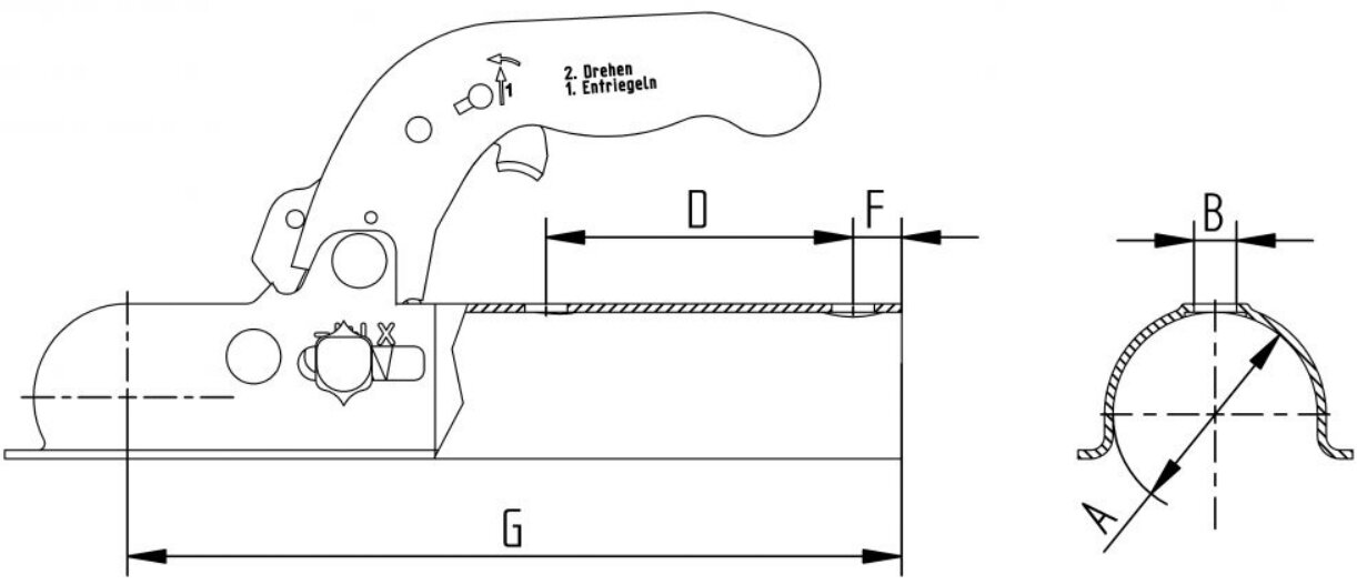 Zugkugelkupplung K7,5E  aus Stahlblech bis 750 kg (Deichsel 70mm)