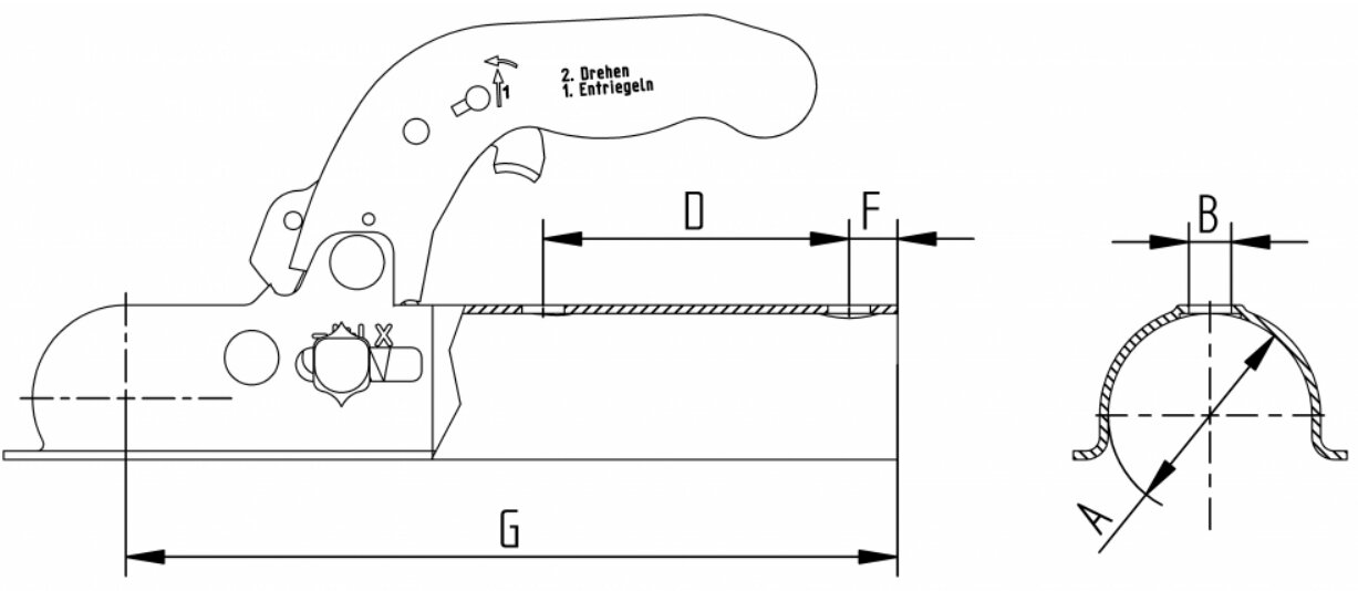 Zugkugelkupplung K7,5D aus Stahlblech bis 750 kg (Deichsel 60mm)