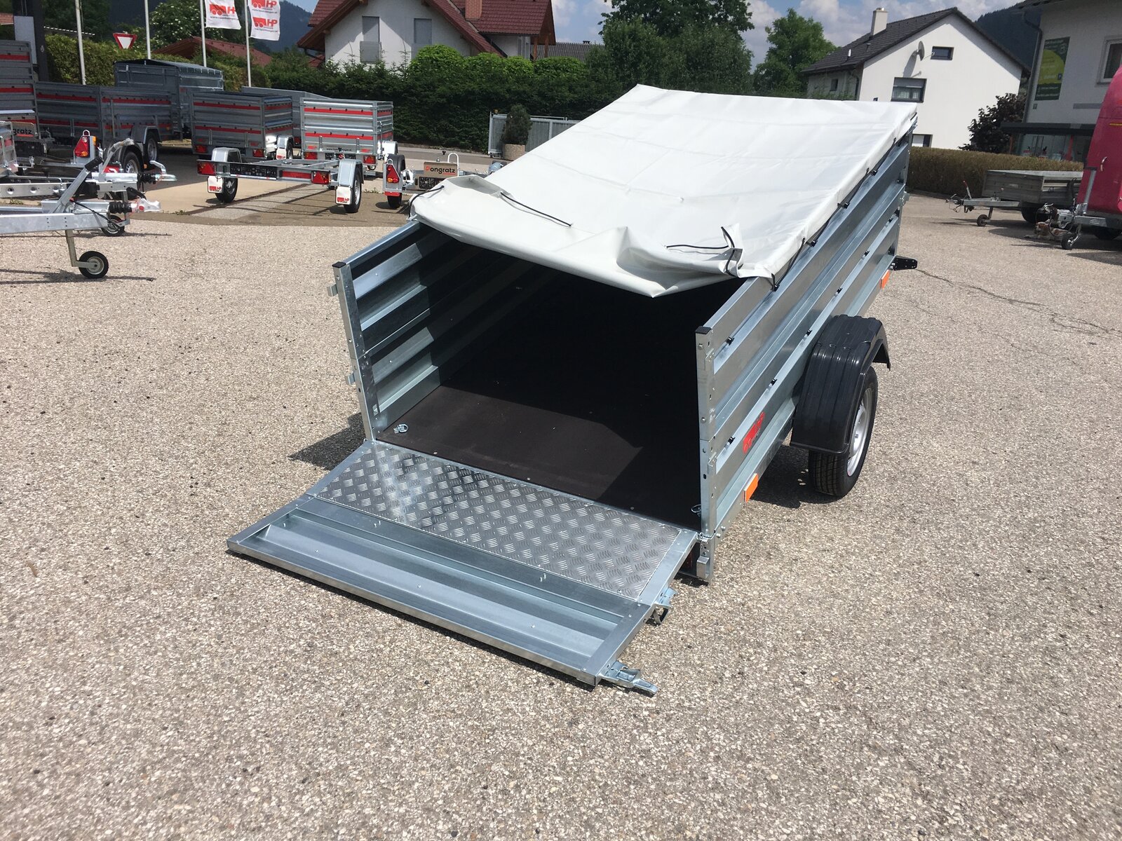 PKW-Anhänger, Autoanhänger HP 3015 GKA, 2980 x 1490 x 350 mm, 1300 kg gebremst, im Set mit Aufsatzw. 400 mm u. Flachplane