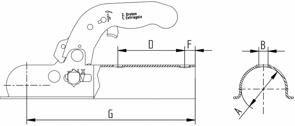 Zugkugelkupplung K7,5 C aus Stahlblech bis 750 kg  (Deichsel 50mm dm)