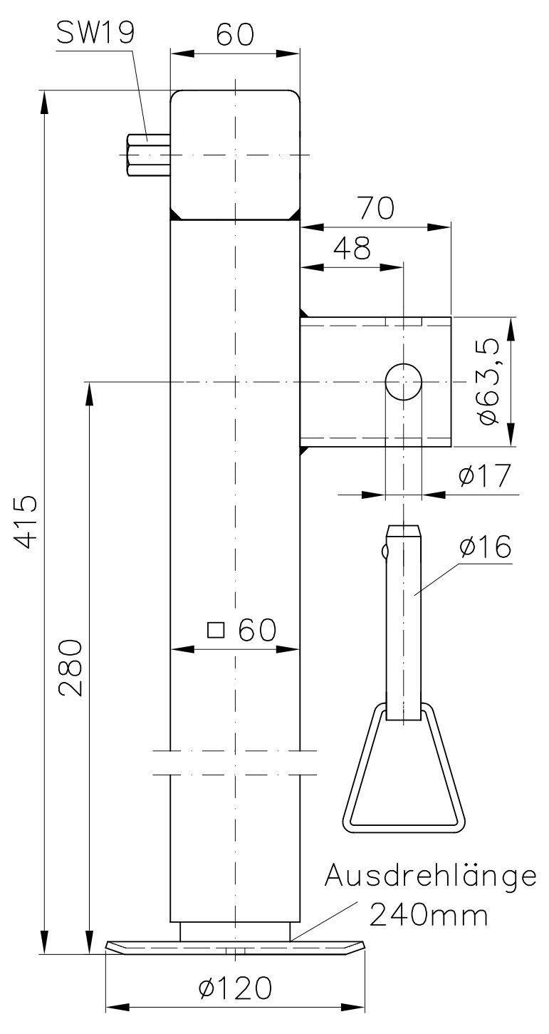 2 x Stützfuß Klappbar 280mm inkl. Adapter & 1 Stk. Handkurbel, montiertes Zubehör